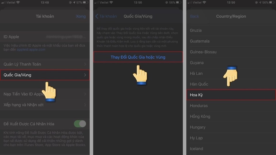 Bước 2: Chọn mục Quốc gia/Vùng => Thay đổi quốc gia hoặc vùng => lựa chọn quốc gia mà bạn muốn chuyển.